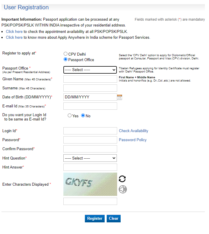 assport Status Registration