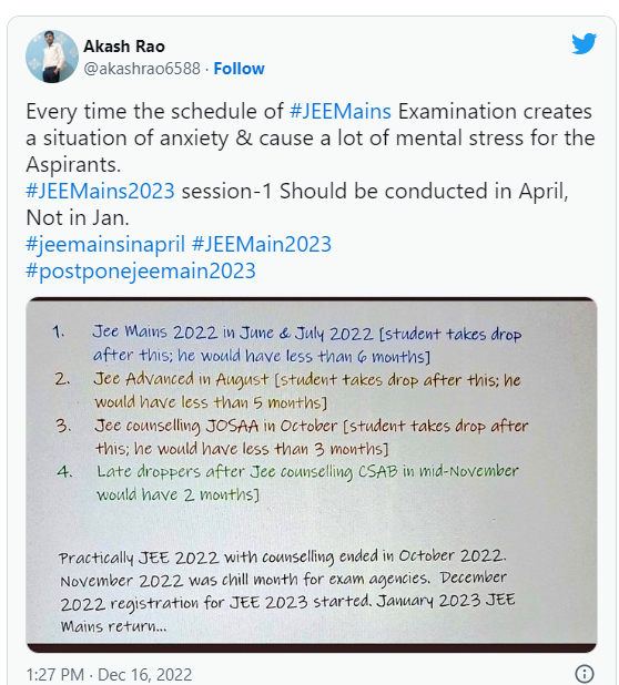 JEE Mains Menunda Akash Tweet