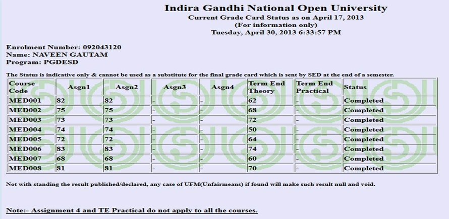 IGNOU Grade Card