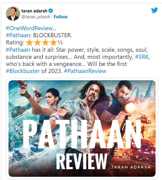 Pathaan Review Taran Tweet